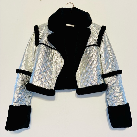 Alice + Olivia Luisana Silver Quilted Vegan Leather Coat with Black Trim